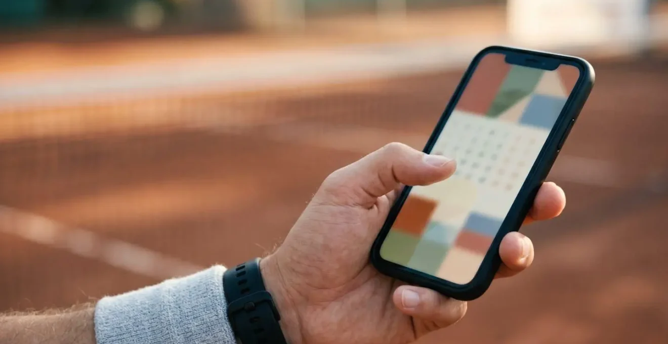 Main tenant un smartphone affichant un calendrier sportif, arrière-plan flou d'un court de tennis, lumière naturelle