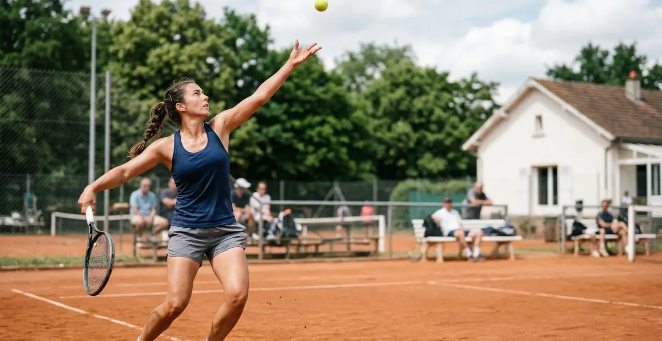 Joueur de tennis en action sur un court extérieur, illustrant la pratique sportive malgré des conditions de santé particulières