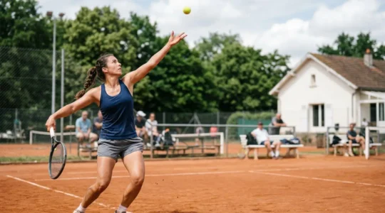 Joueur de tennis en action sur un court extérieur, illustrant la pratique sportive malgré des conditions de santé particulières