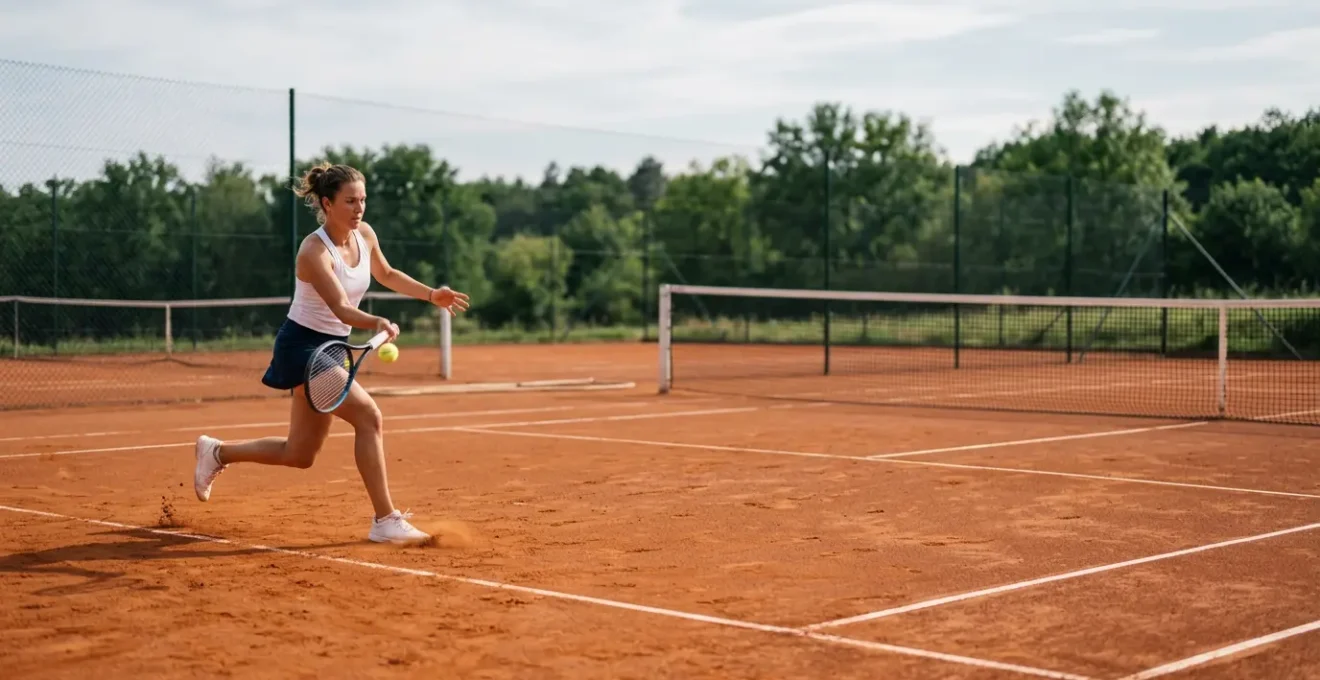 Joueur de tennis en pleine action sur un court, illustrant l'intensité cardiovasculaire du tennis