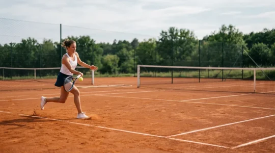 Joueur de tennis en pleine action sur un court, illustrant l'intensité cardiovasculaire du tennis