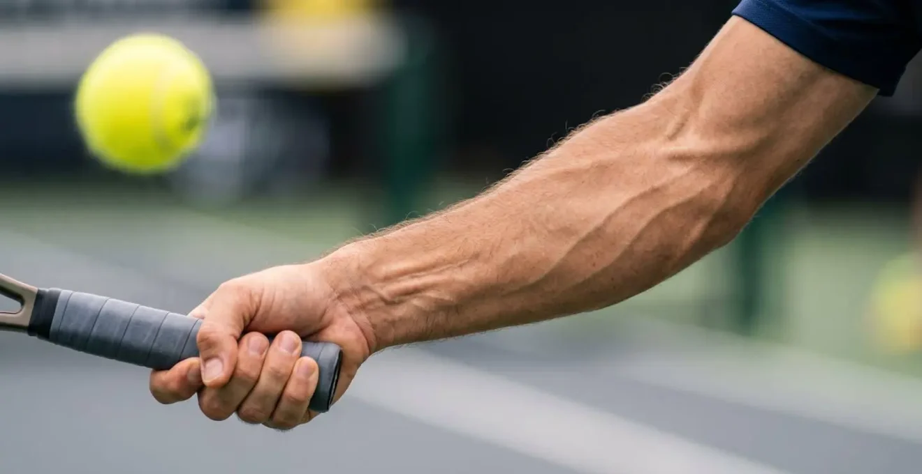 Vue rapprochée d'un avant-bras de joueur de tennis montrant la tension musculaire juste avant la frappe d'un coup droit