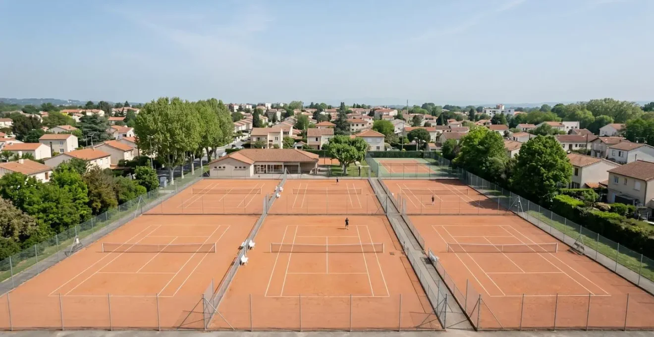 Vue aérienne d'un complexe de tennis municipal français avec plusieurs courts et clubhouse