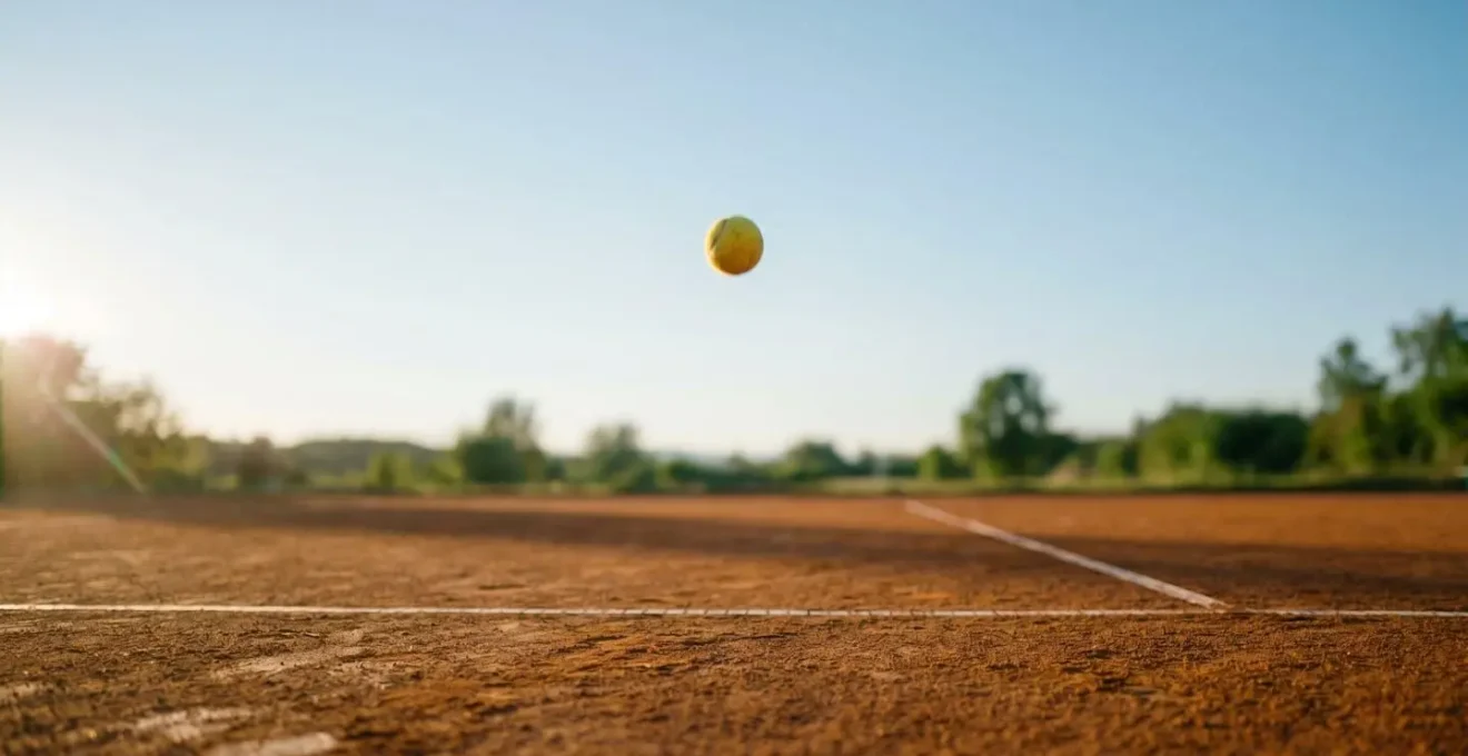 Vue de profil montrant la trajectoire courbe d'une balle liftée sur terre battue avec rebond haut
