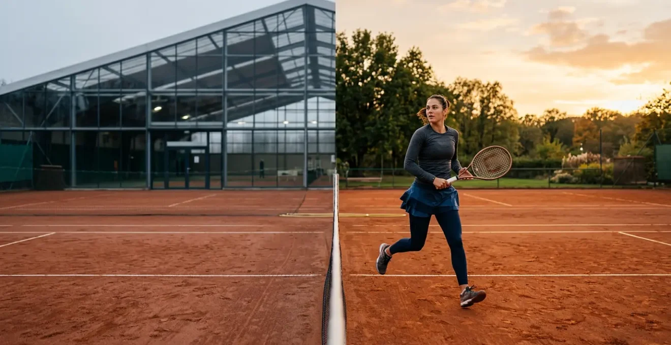 Joueur de tennis en position de glissade sur terre battue extérieure avec équipement d'hiver à proximité symbolisant la transition saisonnière