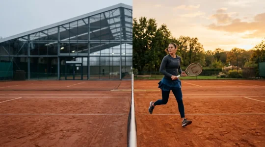 Joueur de tennis en position de glissade sur terre battue extérieure avec équipement d'hiver à proximité symbolisant la transition saisonnière