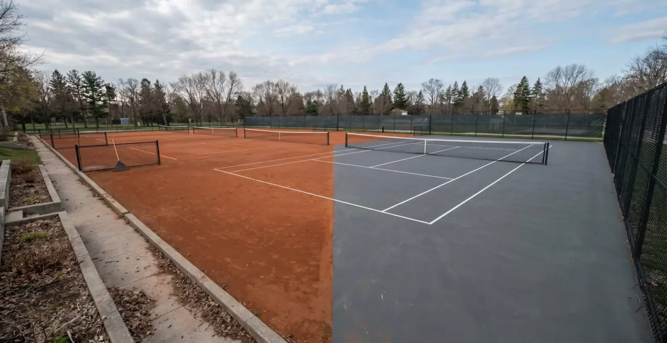 Vue environnementale large d'un court de tennis à moitié terre battue et moitié surface dure sous un ciel de printemps