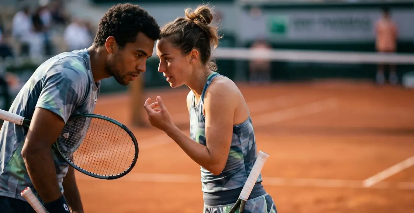 Deux joueurs de tennis en double se concertant discrètement pendant un changement de côté sur un court français