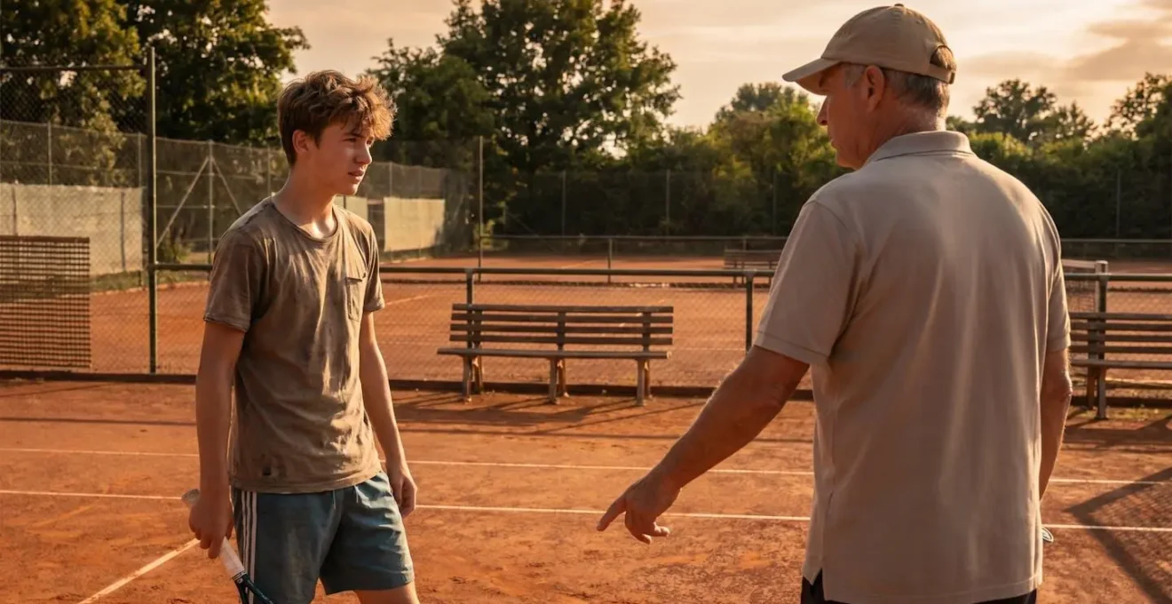 Adolescent recevant des consignes en anglais de son coach sur un court de tennis extérieur ensoleillé
