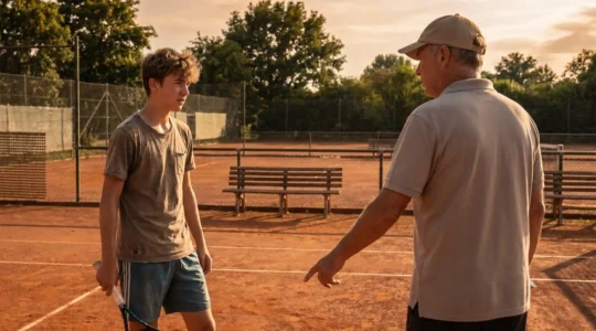 Adolescent recevant des consignes en anglais de son coach sur un court de tennis extérieur ensoleillé