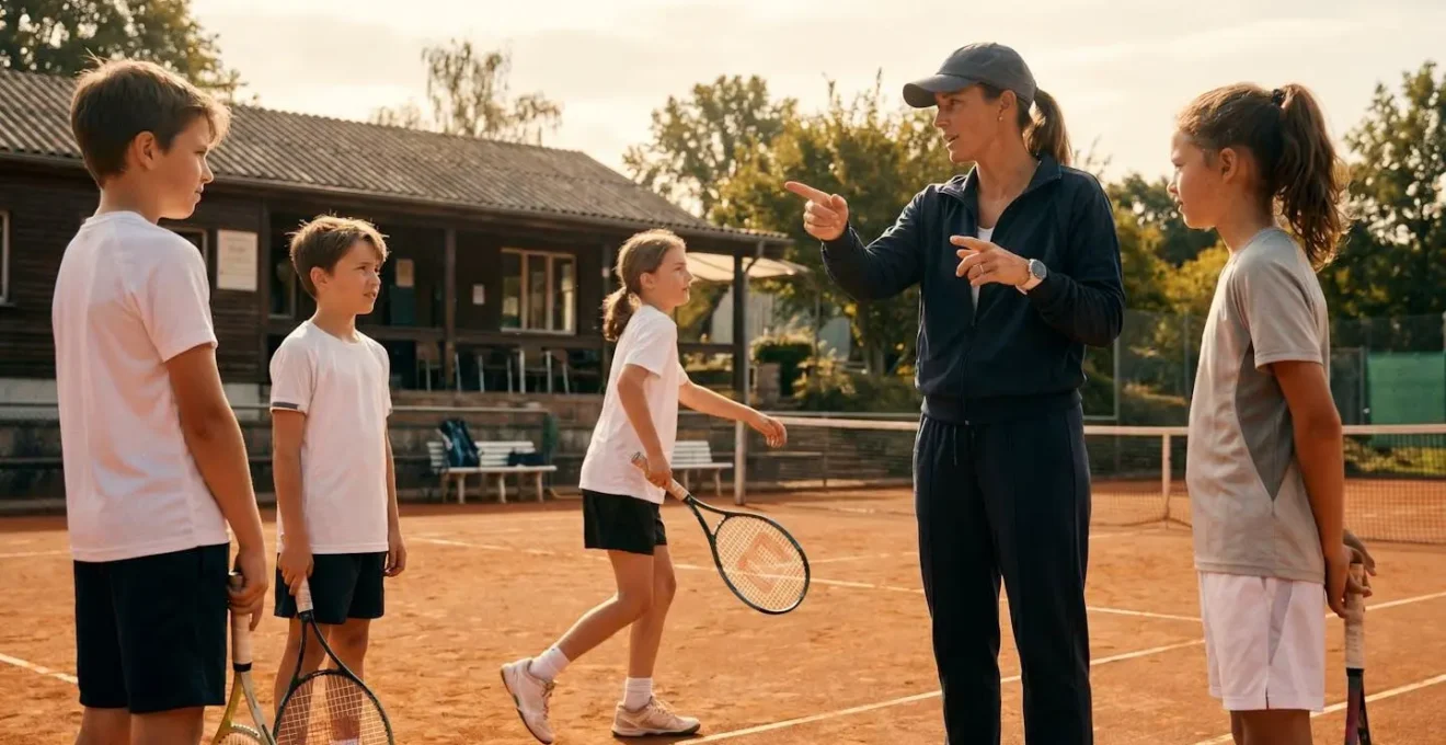 Coach diplômé supervisant attentivement un groupe de jeunes joueurs pendant un exercice de tennis en plein air