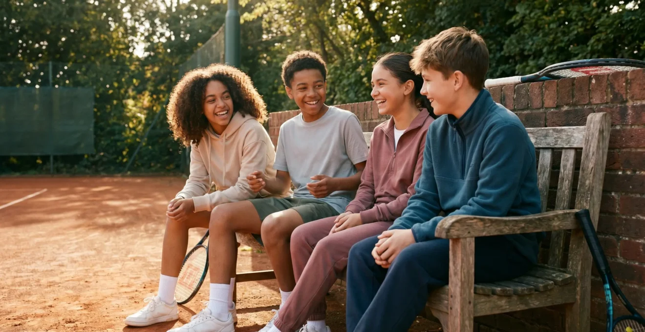 Groupe de jeunes joueurs de tennis en discussion animée en anglais lors d'une pause entre deux séances d'entraînement